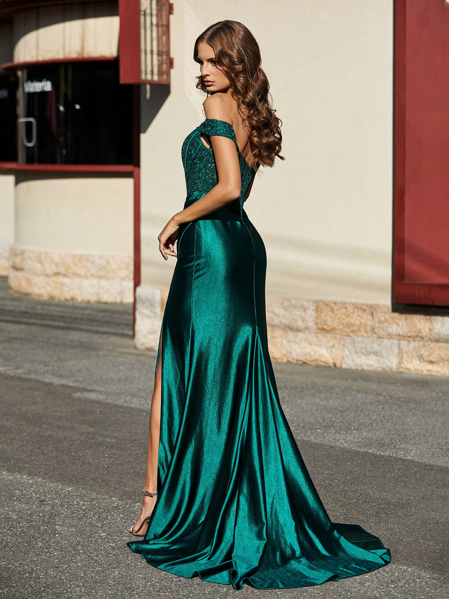 Robe Sirène Plissée à Hors de l'Épaule avec Mancherons Vert Foncé